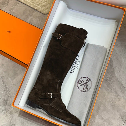 HM 25S RIDING BOOTS IN DARK COFFEE BROWN SUEDE WITH SILVER HARDWARE