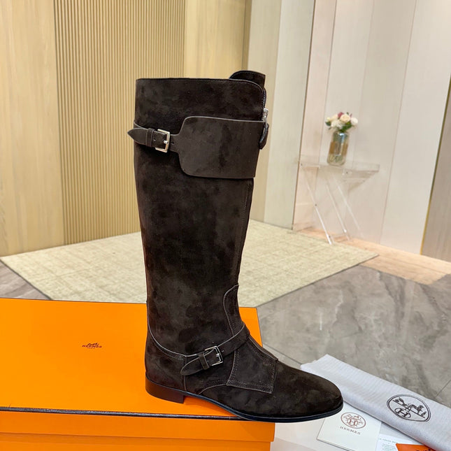 HM 25S RIDING BOOTS IN DARK COFFEE BROWN SUEDE WITH SILVER HARDWARE