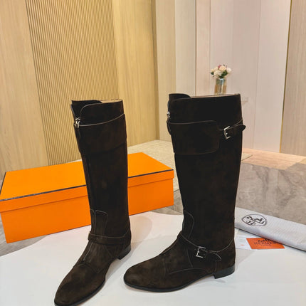 HM 25S RIDING BOOTS IN DARK COFFEE BROWN SUEDE WITH SILVER HARDWARE