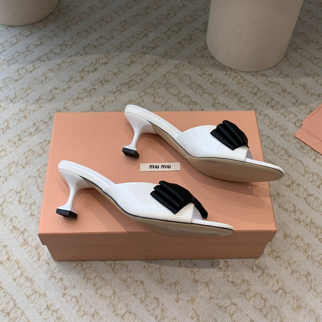 White Mid - Heels With Black Bow Calfskin