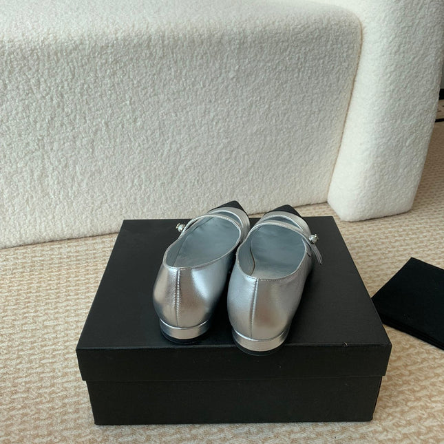 Pointed Toe Mary Jane Shoes Silver Mix Black Lambskin