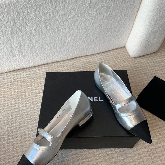 Pointed Toe Mary Jane Shoes Silver Mix Black Lambskin