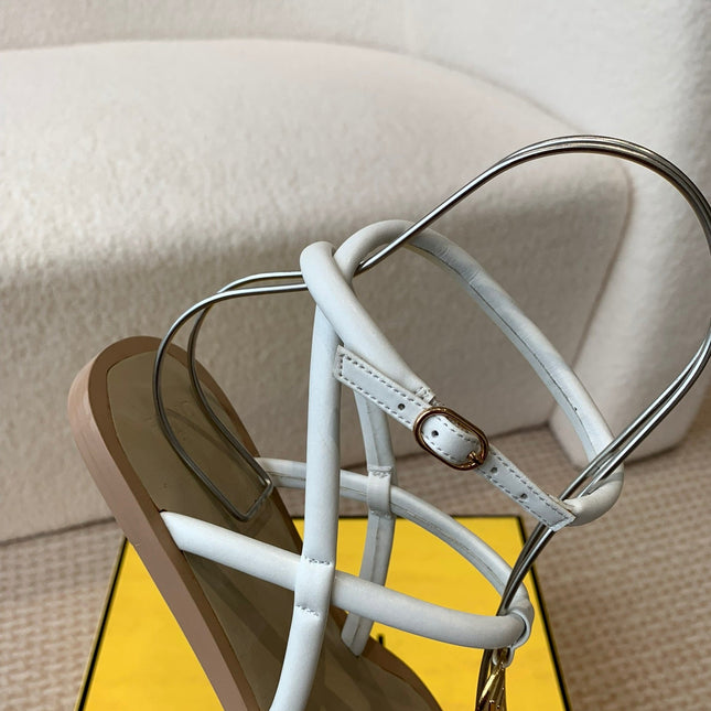 FENDI O'LOCK THONG SANDAL WHITE CALFSKIN WITH GOLD HARDWARE