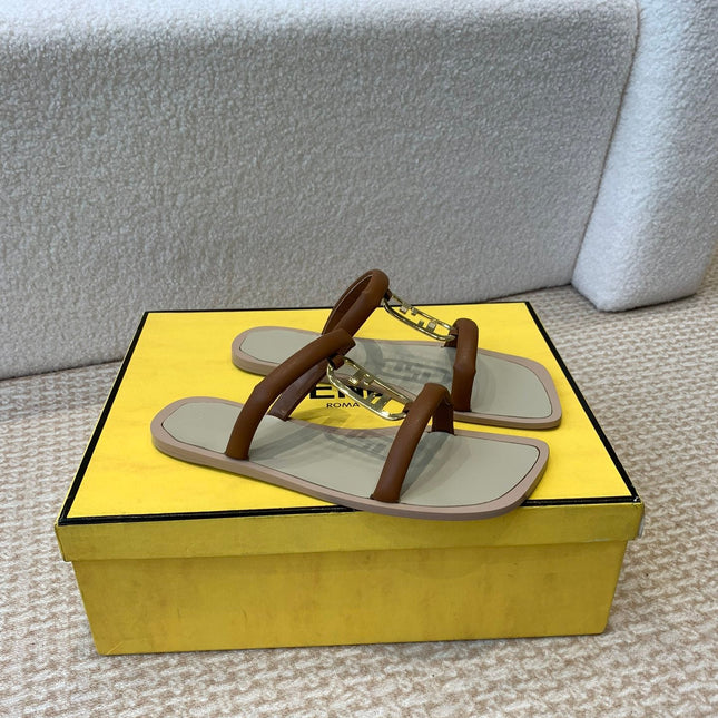 FENDI O'LOCK SLIDES BROWN CALFSKIN WITH GOLD HARDWARE