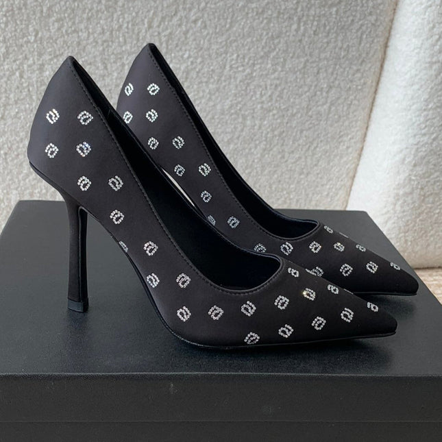 DELPHINE CRYSTAL-EMBELLISHED BLACK SILK PUMPS