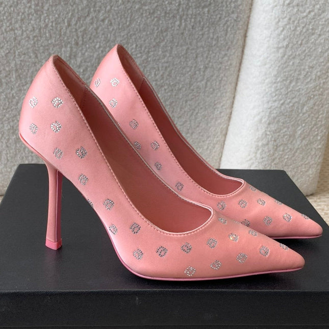 DELPHINE CRYSTAL-EMBELLISHED ROSE PINK SILK PUMPS
