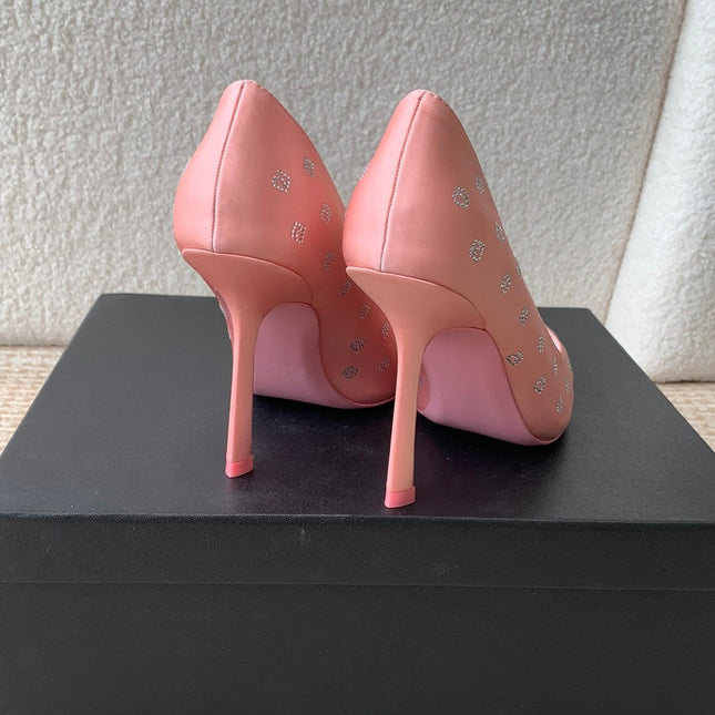 DELPHINE CRYSTAL-EMBELLISHED ROSE PINK SILK PUMPS