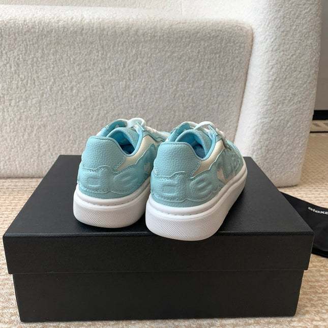 SNEAKER WITH LOGO IN SKY BLUE MIX BEIGE PUFF PEBBLE LEATHER