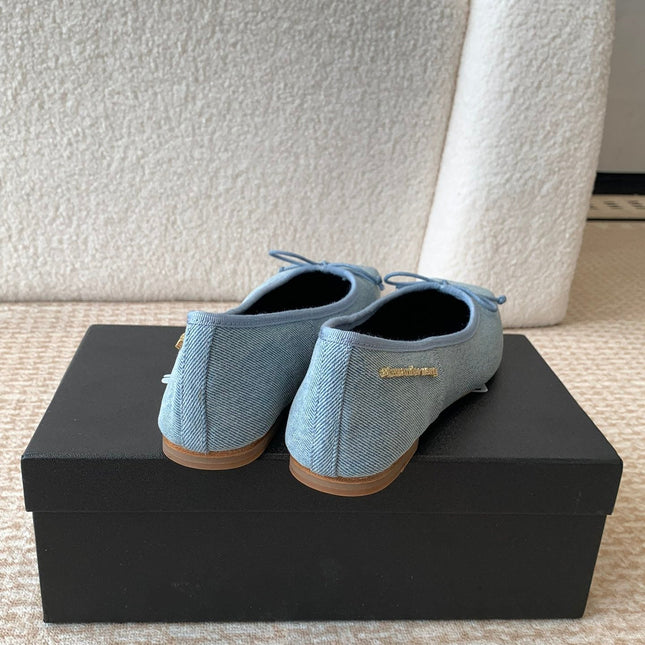 SQUARE-TOE BALLET FLAT IN LIGHT BLUE DENIM FABRIC WITH BOW