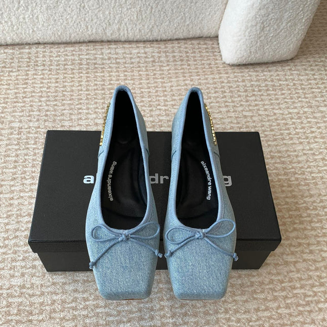 SQUARE-TOE BALLET FLAT IN LIGHT BLUE DENIM FABRIC WITH BOW