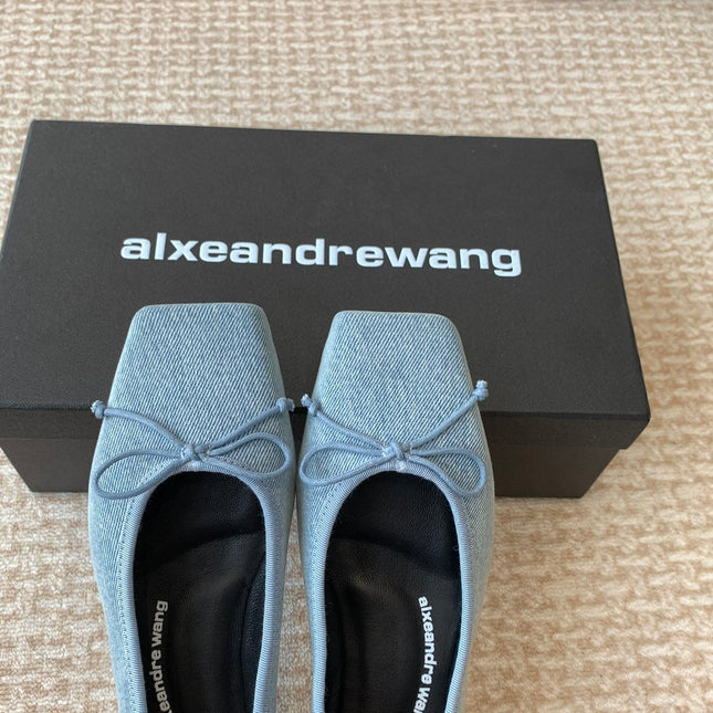SQUARE-TOE BALLET FLAT IN LIGHT BLUE DENIM FABRIC WITH BOW