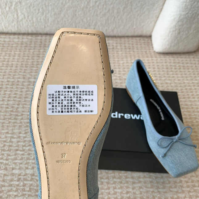 SQUARE-TOE BALLET FLAT IN LIGHT BLUE DENIM FABRIC WITH BOW