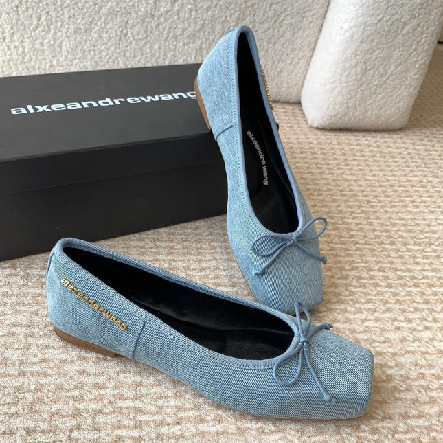 SQUARE-TOE BALLET FLAT IN LIGHT BLUE DENIM FABRIC WITH BOW