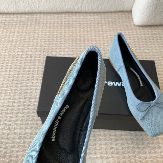 SQUARE-TOE BALLET FLAT IN LIGHT BLUE DENIM FABRIC WITH BOW