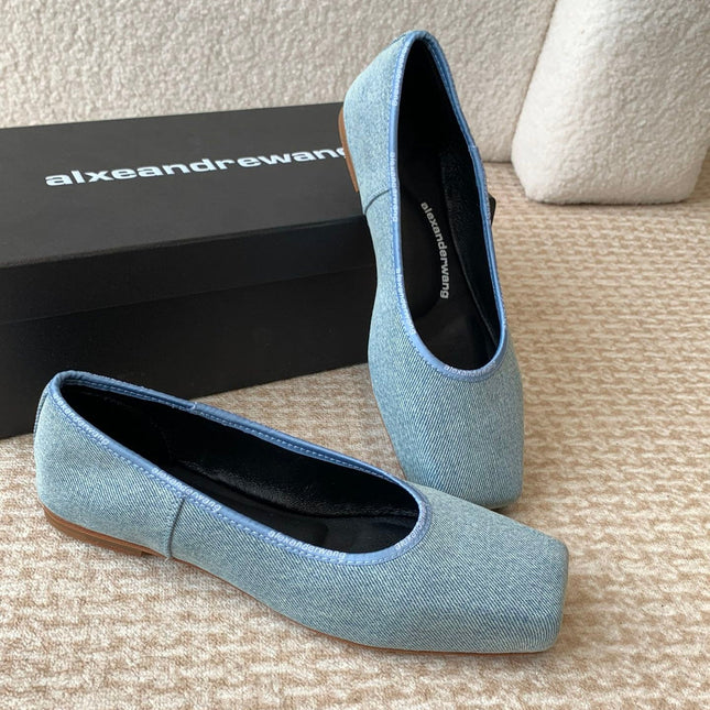 SQUARE-TOE BALLET FLAT IN LIGHT BLUE DENIM FABRIC