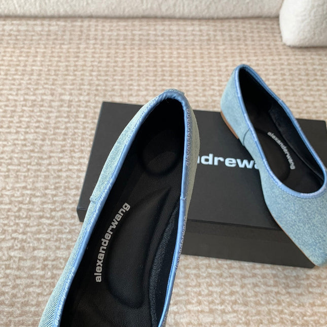 SQUARE-TOE BALLET FLAT IN LIGHT BLUE DENIM FABRIC
