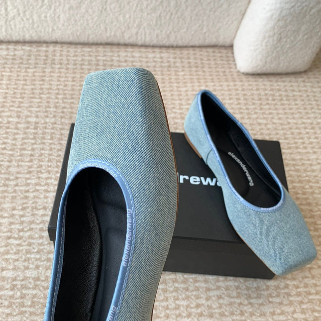 SQUARE-TOE BALLET FLAT IN LIGHT BLUE DENIM FABRIC