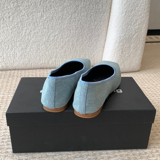 SQUARE-TOE BALLET FLAT IN LIGHT BLUE DENIM FABRIC