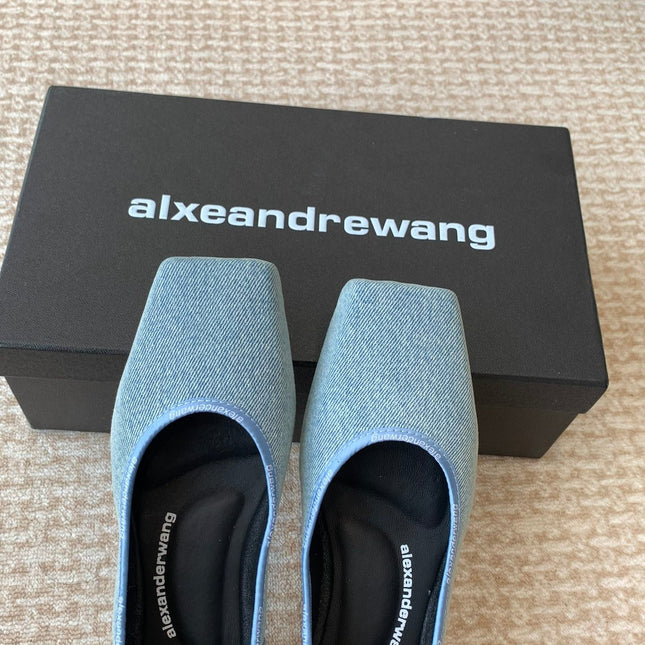 SQUARE-TOE BALLET FLAT IN LIGHT BLUE DENIM FABRIC