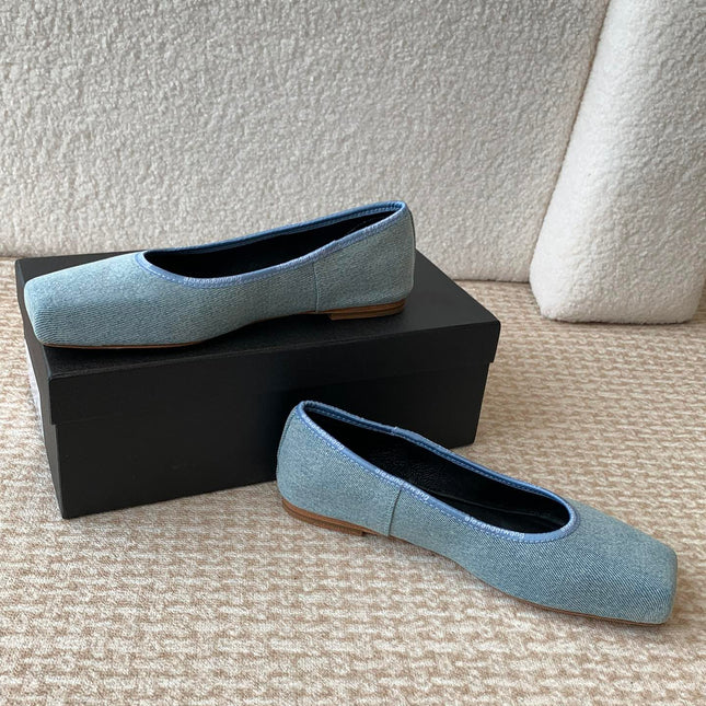 SQUARE-TOE BALLET FLAT IN LIGHT BLUE DENIM FABRIC
