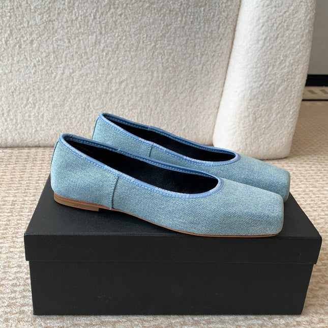 SQUARE-TOE BALLET FLAT IN LIGHT BLUE DENIM FABRIC