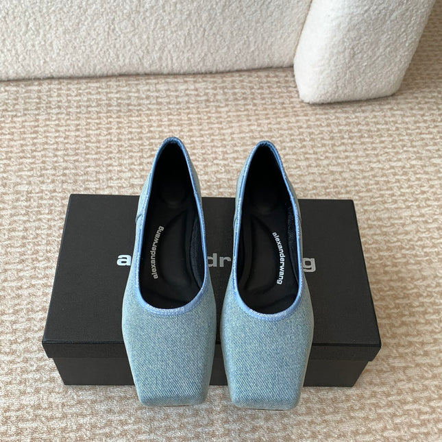 SQUARE-TOE BALLET FLAT IN LIGHT BLUE DENIM FABRIC