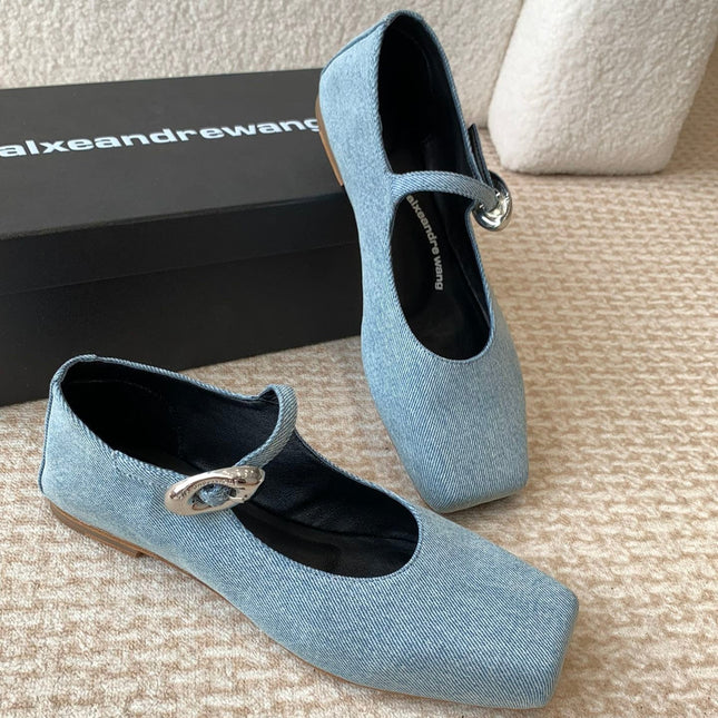 SQUARE-TOE MARY JANE IN LIGHT BLUE DENIM FABRIC