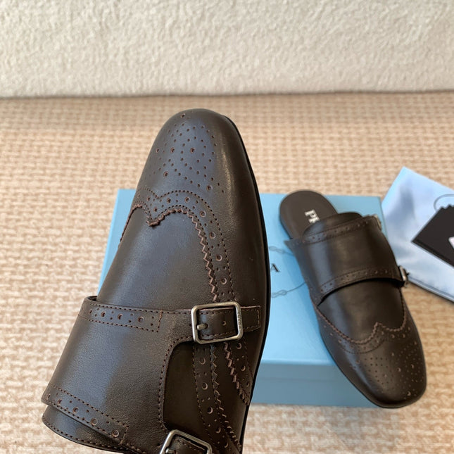 DOUBLE MONK MULES IN WALNUT BROWN CALFSKIN