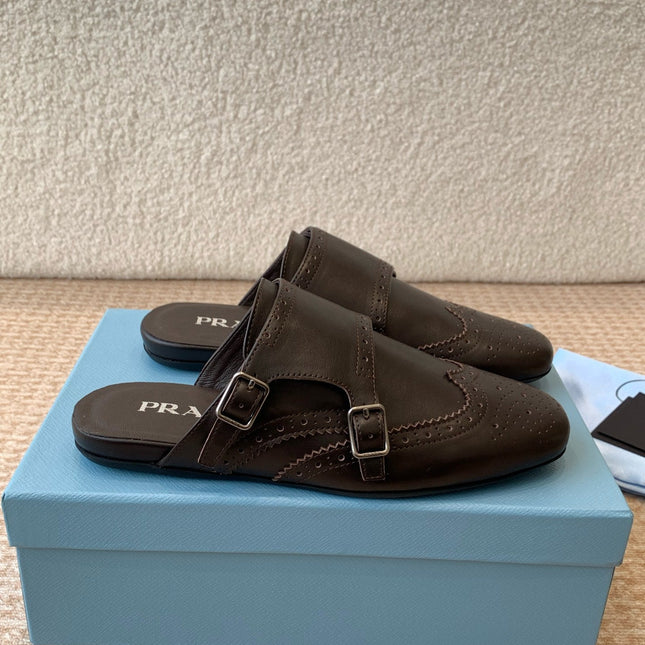DOUBLE MONK MULES IN WALNUT BROWN CALFSKIN