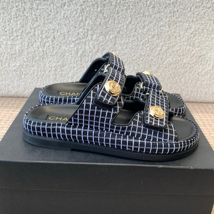 DAD SANDAL IN BLACK MIX WHITE DENIM FABRIC MULE