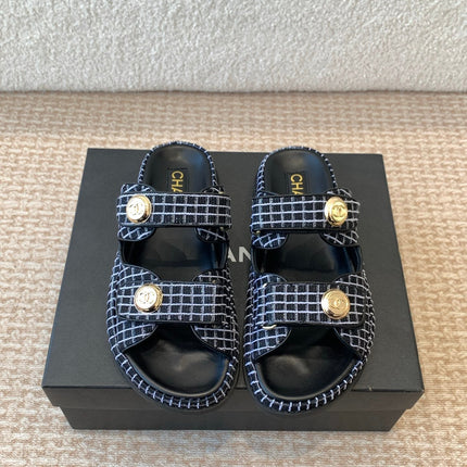 DAD SANDAL IN BLACK MIX WHITE DENIM FABRIC MULE