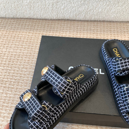 DAD SANDAL IN BLACK MIX WHITE DENIM FABRIC MULE