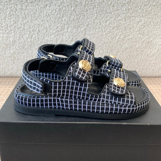 DAD SANDAL IN BLACK MIX WHITE DENIM FABRIC