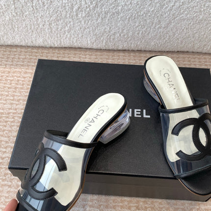 SLIDE SANDALS IN BLACK LAMBSKIN WITH TRANSPARENT PVC