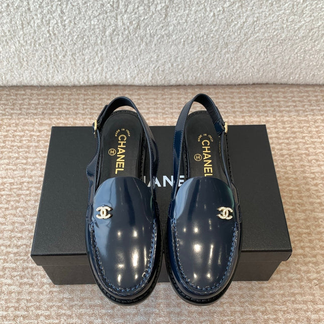 CC MOCCASIN SLINGBACK IN AEGEAN BLUE PATENT CALFSKIN