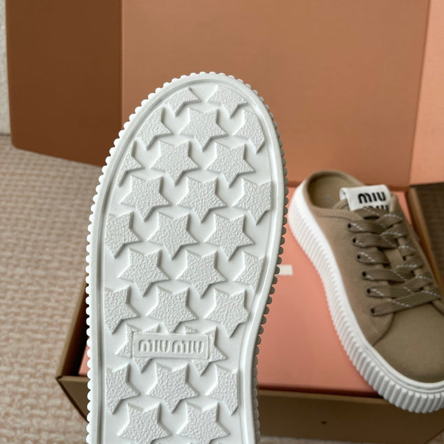 WASH SNEAKER MULES IN DARK BEIGE DENIM STRIPED LACES