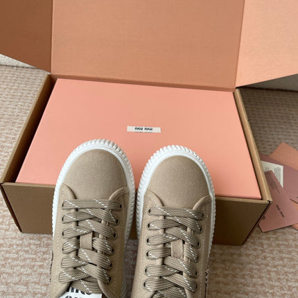 WASH SNEAKER MULES IN DARK BEIGE DENIM STRIPED LACES