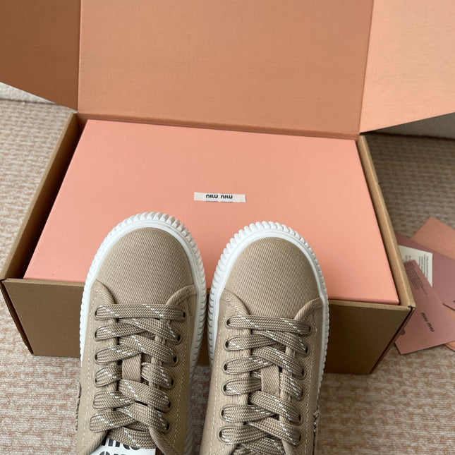 WASH SNEAKER MULES IN DARK BEIGE DENIM STRIPED LACES