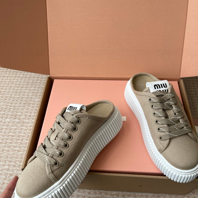 WASH SNEAKER MULES IN DARK BEIGE DENIM STRIPED LACES