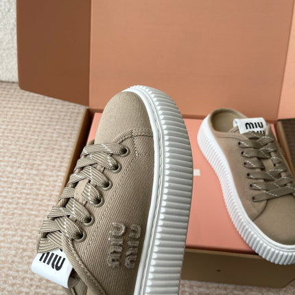 WASH SNEAKER MULES IN DARK BEIGE DENIM STRIPED LACES