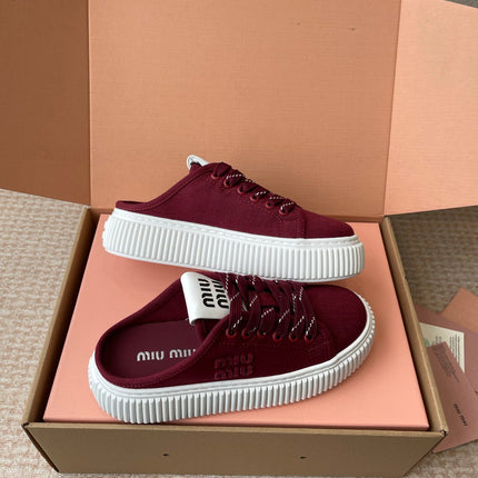WASH SNEAKER MULES IN BURGUNDY RED DENIM STRIPED LACES