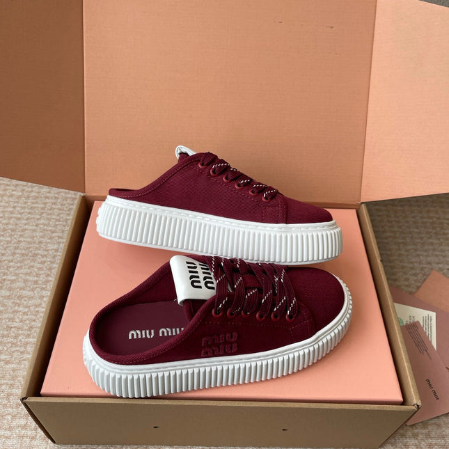 WASH SNEAKER MULES IN BURGUNDY RED DENIM STRIPED LACES