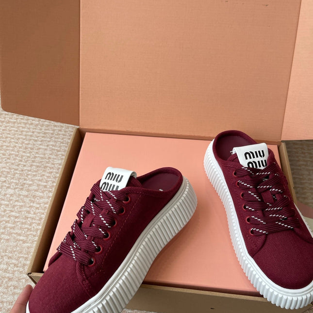 WASH SNEAKER MULES IN BURGUNDY RED DENIM STRIPED LACES
