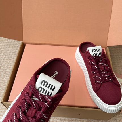 WASH SNEAKER MULES IN BURGUNDY RED DENIM STRIPED LACES