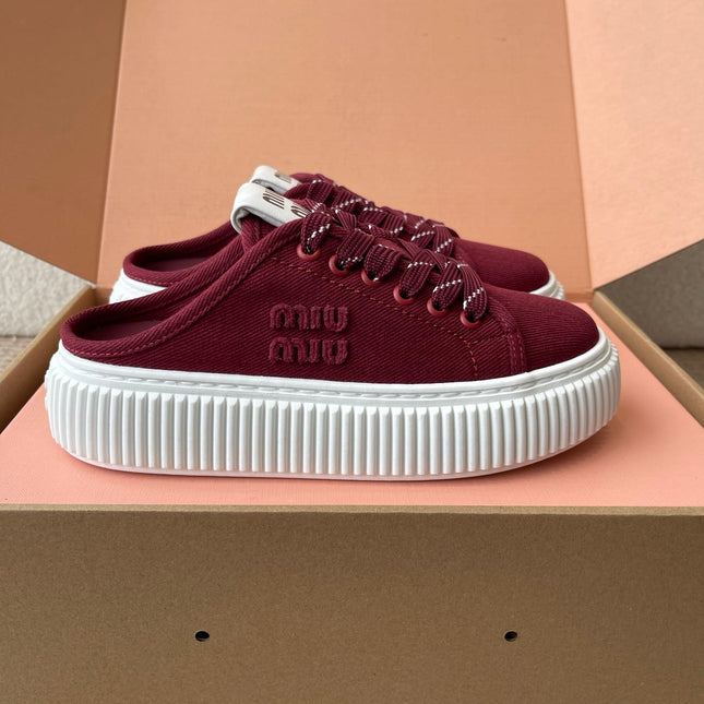 WASH SNEAKER MULES IN BURGUNDY RED DENIM STRIPED LACES