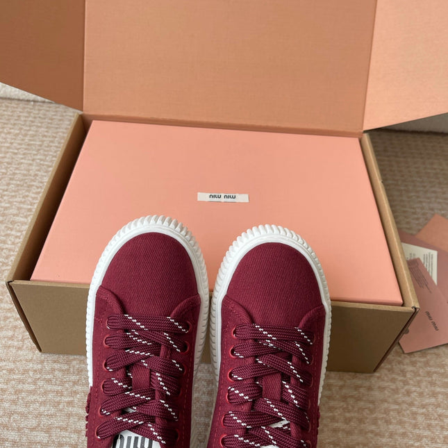 WASH SNEAKER MULES IN BURGUNDY RED DENIM STRIPED LACES
