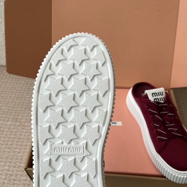 WASH SNEAKER MULES IN BURGUNDY RED DENIM STRIPED LACES