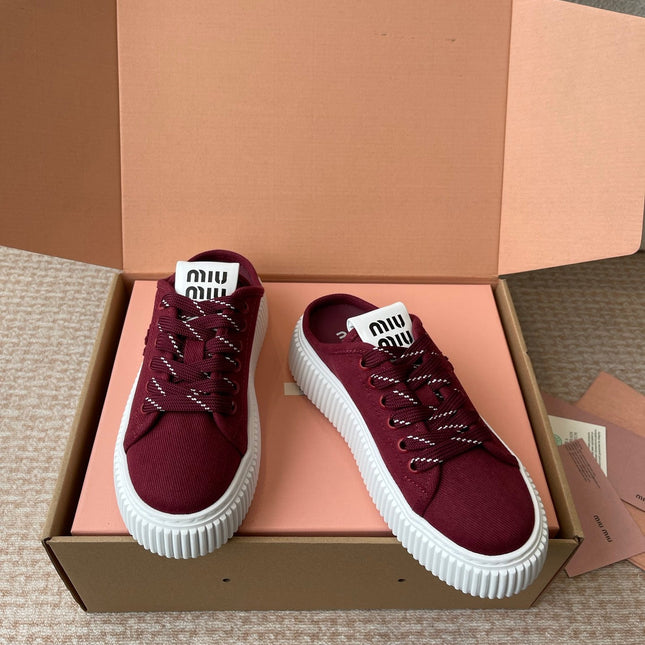 WASH SNEAKER MULES IN BURGUNDY RED DENIM STRIPED LACES