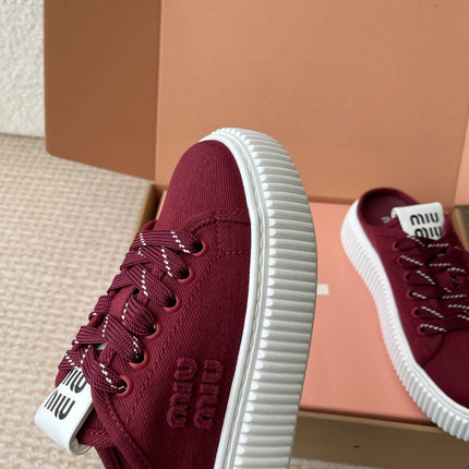 WASH SNEAKER MULES IN BURGUNDY RED DENIM STRIPED LACES