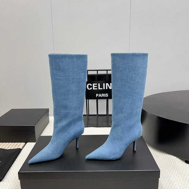 KNEE HIGH BOOTS 85 MM IN CERULEAN BLUE DENIM FABRIC